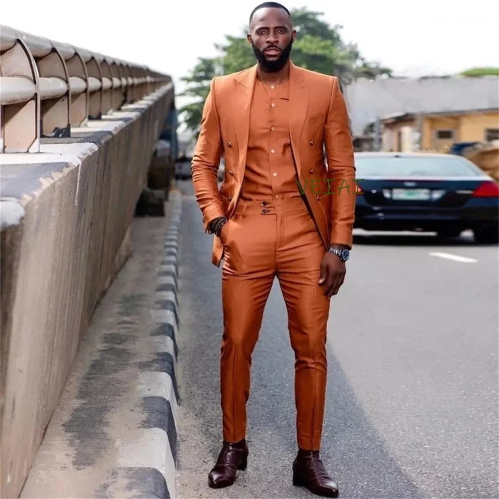 CustomizedNew Orange African Men Suits Peak Lapel Wedding Slim Fit Groom Tuxedo Terno Masculino Prom Blazer 2 Pc Jacket Pant Cos 4