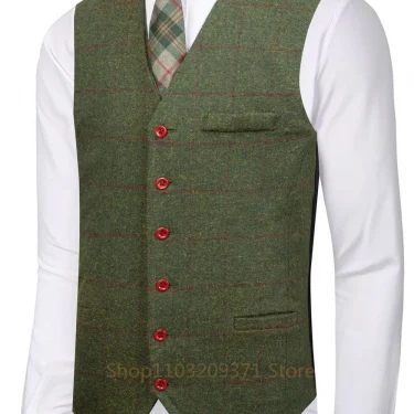 Green Men Suits Plaid Tweed Suits for Man Three Pieces Vintage Lapel Tuxedos Groomsmen Winter Wedding Suit(Blazer+Vest+Pants) 2