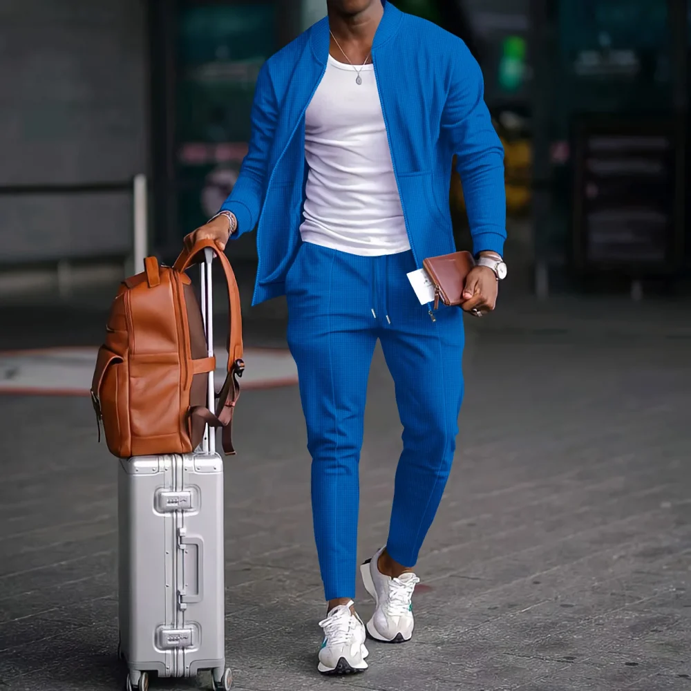 Autumnwinter men's casual blazer set new fashion Waffle baseball suit round neck pocket zipper long sleeve trousers two-piece se 4