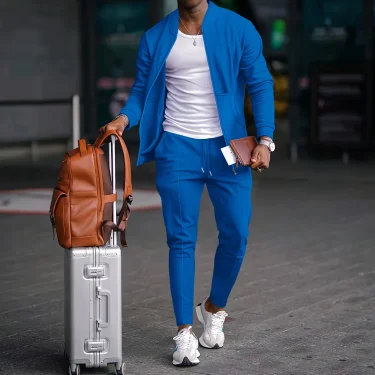 Autumnwinter men's casual blazer set new fashion Waffle baseball suit round neck pocket zipper long sleeve trousers two-piece se 4