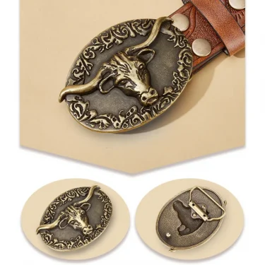 Western Leather Buckle Belts Cowboy Longhorn Bull Pattern Buckle Belt Floral Engraved Buckle Belt for Men 3