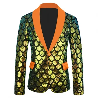 Men's Velvet Fish Scale Sequins Stage Performance Blazer Shawl Collar Slim One Button Party Show Singer Host Glitter Suit Jacket 3