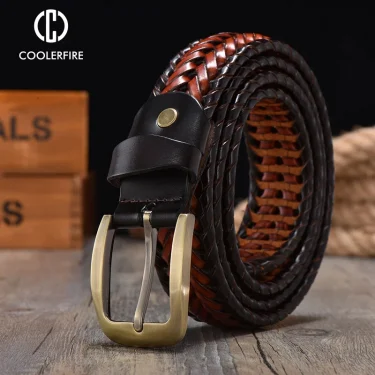 Men Genuine Leather Braided Belts Webbing High Quality Hand Vintage Belts for Men Gold Pin Buckle Casual for Jeans Strap HQ212 2