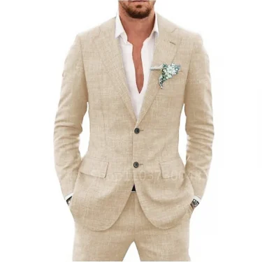 2 Piece Men's Retro Linen Men Suit Beach Wedding Suit Summer Slim Fit Linen Suit Groomsmen For Wedding Party Prom(Blazer+Pants) 2