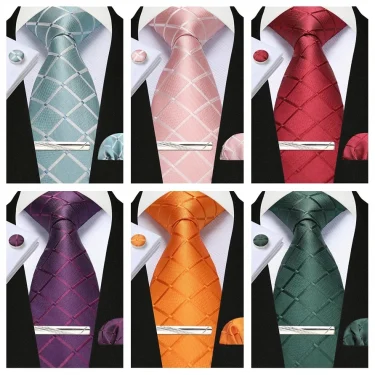 100% Silk Ties for Men Plaid & Checks Tie Clip Handkerchief Woven Classic Men's Necktie Pocket Square Set Formal Wedding Ties 1