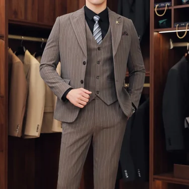 2025 High quality business casual (suit + vest + trousers) striped handsome boutique all-in-one wedding three-piece set 1