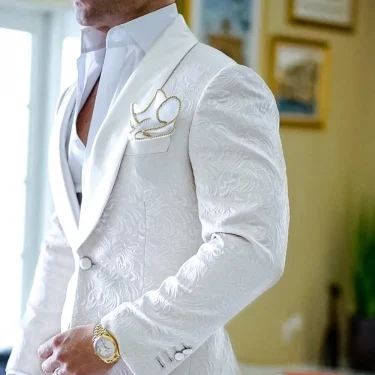 Luxury White Jacquard Men Suits One Button Slim Fit 2024 Wedding Groom Tuxedos Elegant 2 Piece Jacket Pants Costume Homme Blazer 1