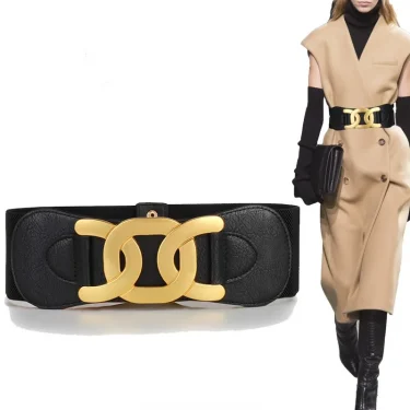 Golden CC Hook Buckle Elegant Belts for Women Retro Elastic Wide Belt Female Ladies Elastic Girdle with Skirt Dress Decorative 3