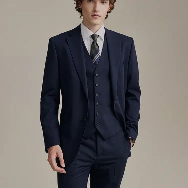9% Wool Luxury Deep Blue Men Suit Set Four Season Formal Blazer Vest Pant Wedding Groom Wear Casual Businessman Daily Clothing 1