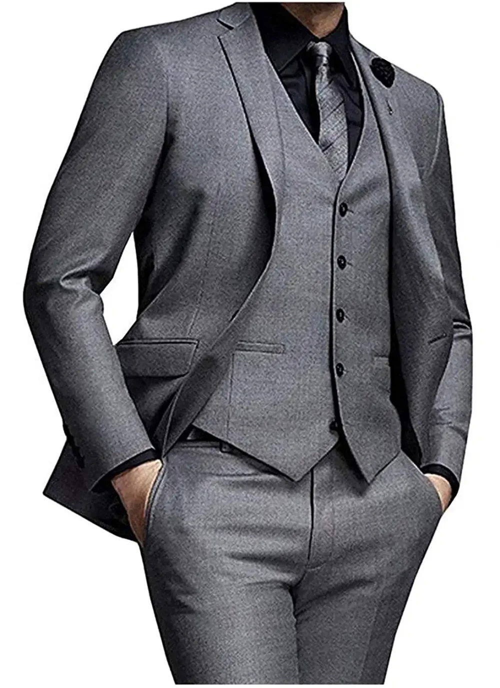 High Quality Groomsmen Notch Lapel Groom Tuxedos Grey Men Suits Wedding/Prom/Dinner Best Man Tuxedos (Jacket+Pants+Vest) 2