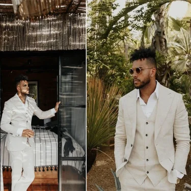 Men's Linen Three Pieces Peak Lapel Slim Fit Suit Jacket Vest with Pants Wedding Party Prom Dinner Business Tuxedos 1