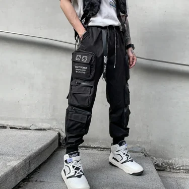 Techwear Style Multi Pockets Cargo Pants Man Vintage Punk Hip Hop Pants Ribbon Casual Joggers Streetwear 1