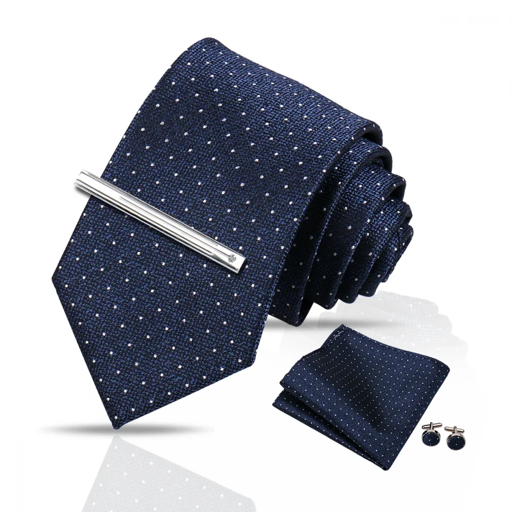 Tie Set For Men 4pcs Set Necktie Pocket Square Cufflinks Tie Clip Suit Paisley Navy Blue Business Necktie Accessories Gravatas 3