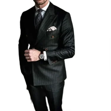 2 Piece Luxury Black Men Suits Regular Length Double Breasted Peak Lapel Flat Front Jacket Pants Elegant Male Clothing Terno 3