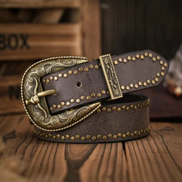 A men's and women's vintage bull head relief metal buckle casual style brown riveted PU belt suitable for daily business attenda 1