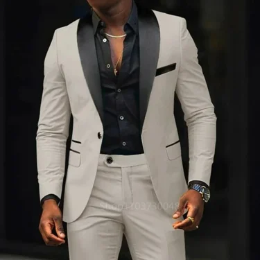2 Piece Solid Casual Men Wedding Suits Slim Fit Shawl Lapel Blazer Pant Designs Party Prom Suits Best Man Business Wear Suit 1