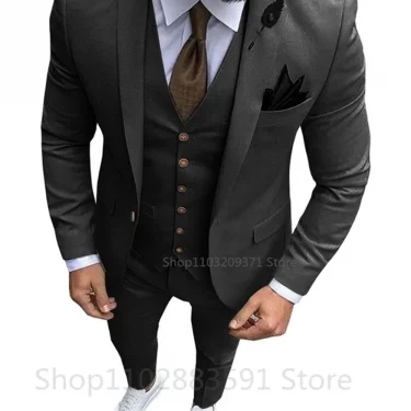 3 Piece Solid Men Suits for Wedding Party Business Formal Groom Tuxedos One Button（Blazer+Vest+Pants）Slim Fit Costume Homme 1
