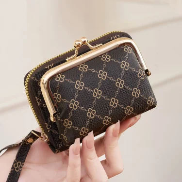Women's Wallet Fashion Print Short Coin Purse Retro Multi-function Accordion Card Holder Money Clip with Wristband and Kiss Lock 1