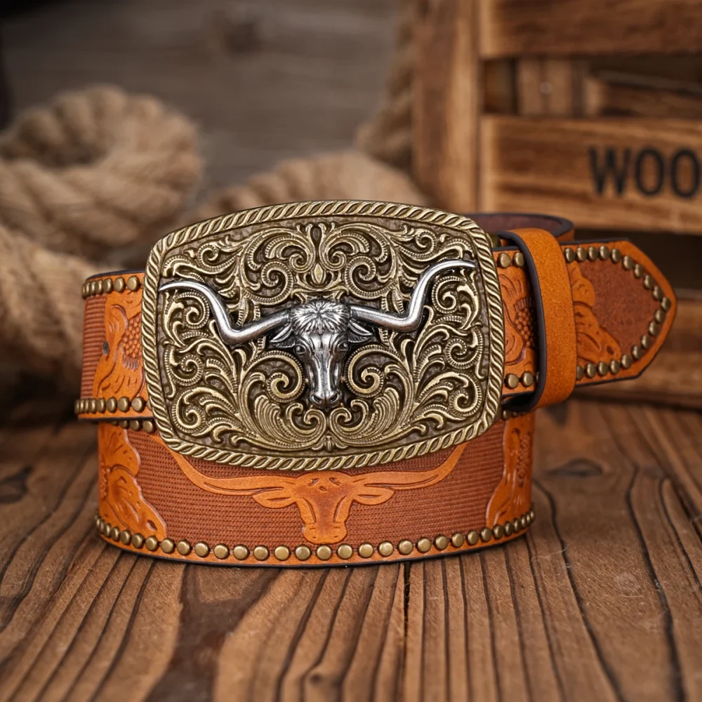Men Women-Western-Cowboy-PU Leather-Belts - Vintage Belt Floral Engraved Buckle Belt for Jeans 2