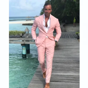 Gentlemen Pink Men Suits Casual 2 Piece Jacket Pants Slim Fit Single Breasted Notch Lapel Skinny Prom Party Male Clothing Blazer 2