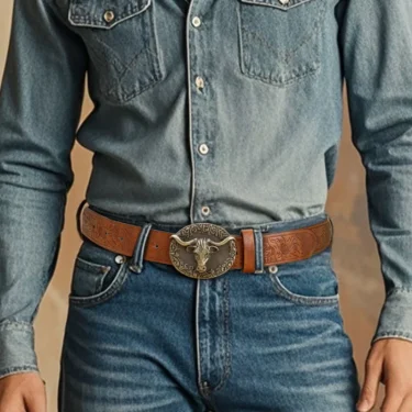 Western Leather Buckle Belts Cowboy Longhorn Bull Pattern Buckle Belt Floral Engraved Buckle Belt for Men 5