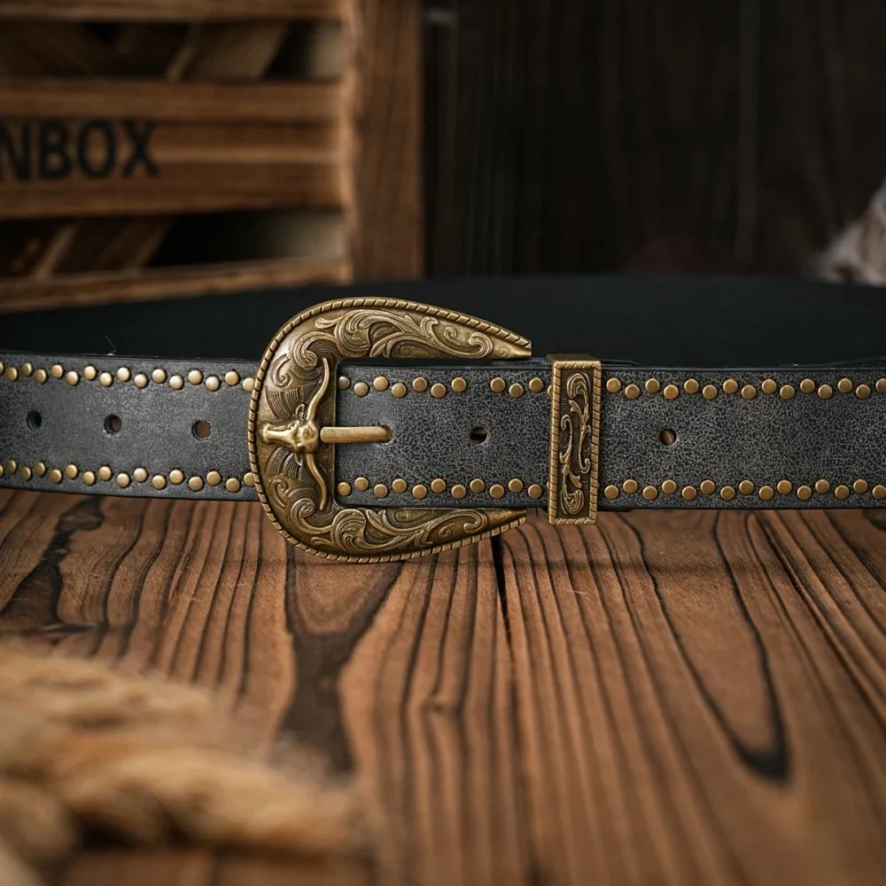 A men's and women's vintage bull head relief metal buckle casual style brown riveted PU belt suitable for daily business attenda 5