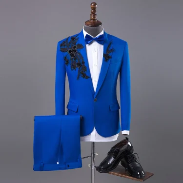 Men's Formal Suits Blue fashion Slim Blazers Group musical performance Costume Wedding Party Prom Host singer show Stage suit 2
