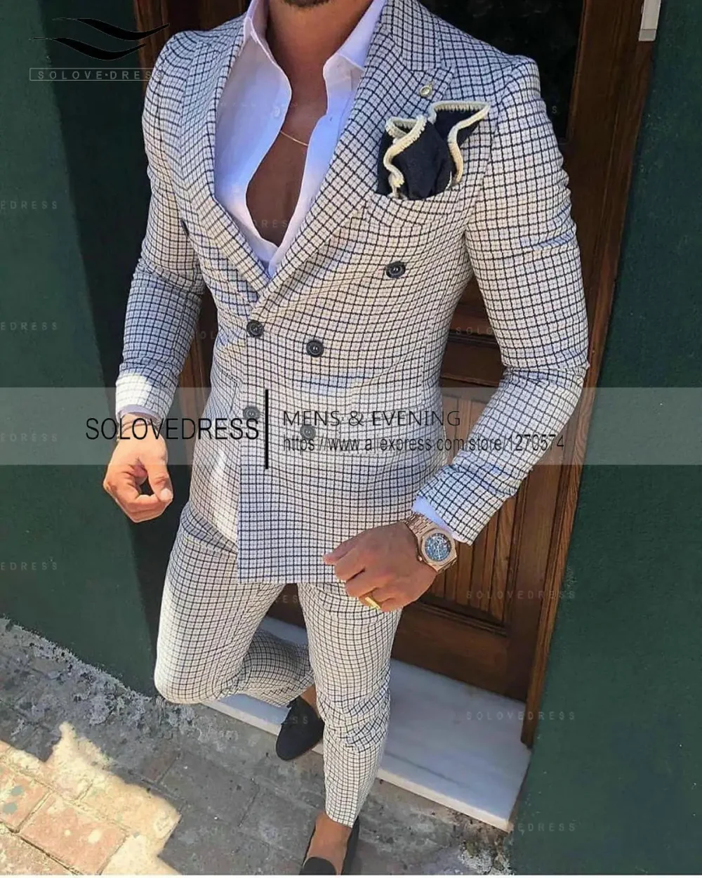 Silver Men's Wool Plaid Suits 2 pieces Fashion Notch Lapel Double breasted Prom Jacket Slim Fit Groomsmen Tuxedos (Blazer+Pants) 1