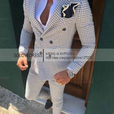 Silver Men's Wool Plaid Suits 2 pieces Fashion Notch Lapel Double breasted Prom Jacket Slim Fit Groomsmen Tuxedos (Blazer+Pants) 1
