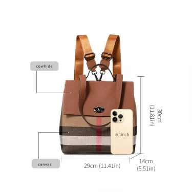 AIDRANI Canvas and cowhide patchwork college style pattern student backpack, large capacity storage, retro flip-top travel bag 5