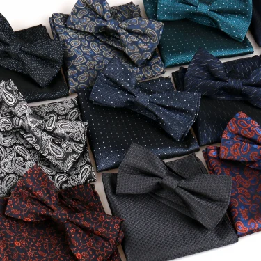 Bowtie Men Set Pocket Square Bow Tie Jacquare Paisley Floral Hanky For Man Black Butterfly Handkerchief Suit Pre-Tied Gifts 1