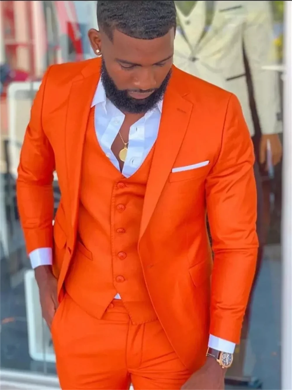 3 Pcs Bright Orange Notch Lapel Men Suit Costume Homme Wedding Dress Tuxedos Terno Masculino Slim Fit Groom Prom Party Blazer 2