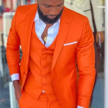 3 Pcs Bright Orange Notch Lapel Men Suit Costume Homme Wedding Dress Tuxedos Terno Masculino Slim Fit Groom Prom Party Blazer 2