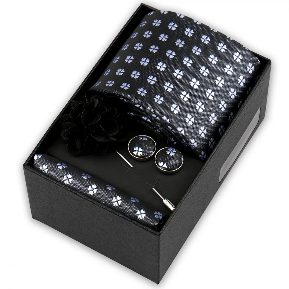 High Quality Tie Set Box Elegant Ties For Men Necktie Handchief Cufflinks Brooch 4Pcs Set Suit Accessories Business Wedding Gift 5