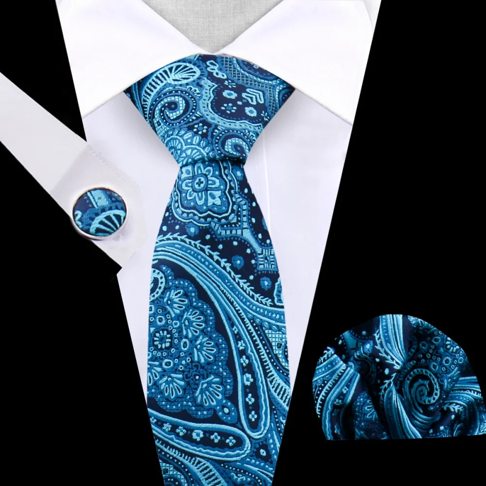 Navy Blue Tie Set For Wedding Banquet Man Woman Shirts Accessories Elegant Style Necktie Pocket Square Cufflinks Set For Gift 3
