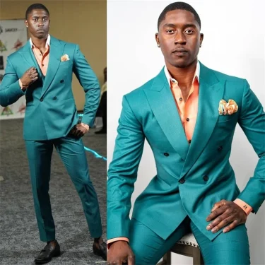 New Men's Suit 2 Pieces Blazer Pants Peaked Lapel One Button Formal Work Wear Blue Slim Fit Tailored Plus Size Costume Homme 1
