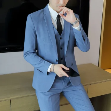 Men's Business Trendy Solid Color Three-Piece Suit Set - High-Quality Fashion Ensemble with Vest And Trousers 2