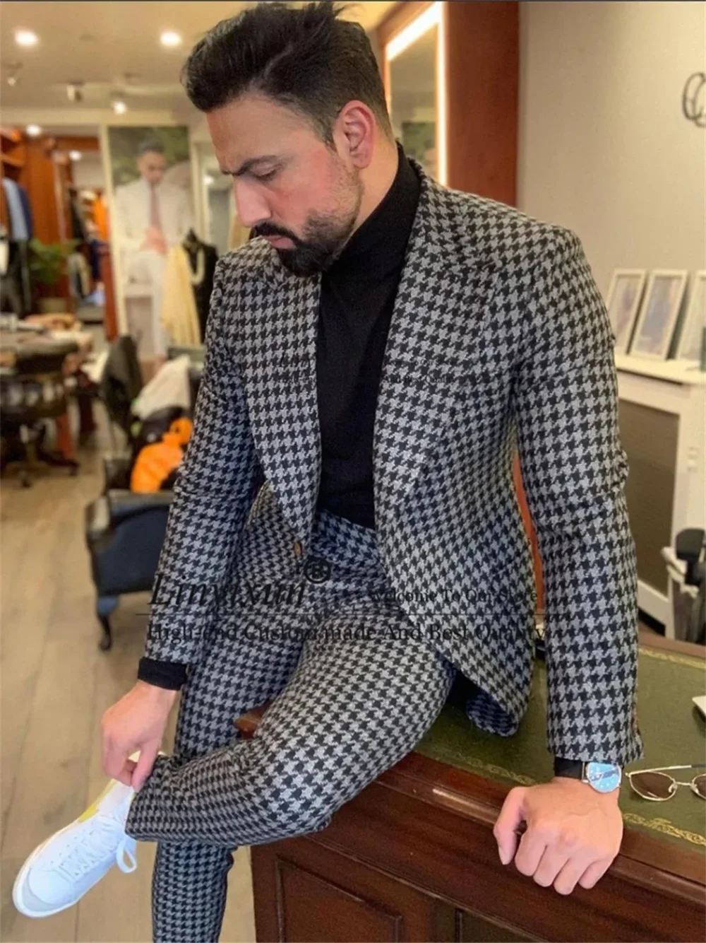2 Piece Houndstooth Mens Suit Casual Business Slim Fit Blazer Male Winter Prom Groom Wear Tuxedo Set Terno Masculino Jacket+Pant 2