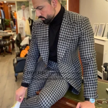 2 Piece Houndstooth Mens Suit Casual Business Slim Fit Blazer Male Winter Prom Groom Wear Tuxedo Set Terno Masculino Jacket+Pant 2