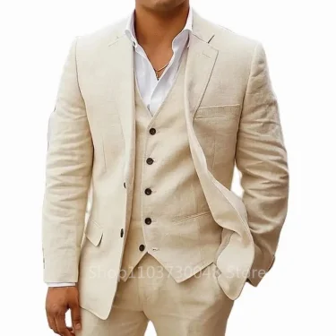 Light Blue/Beige Linen Notch Lapel Slim Fit Summer Men Suits 3 Piece Groom Tuxedos Blazer Pants Sets Wedding Prom Costume Homme 4