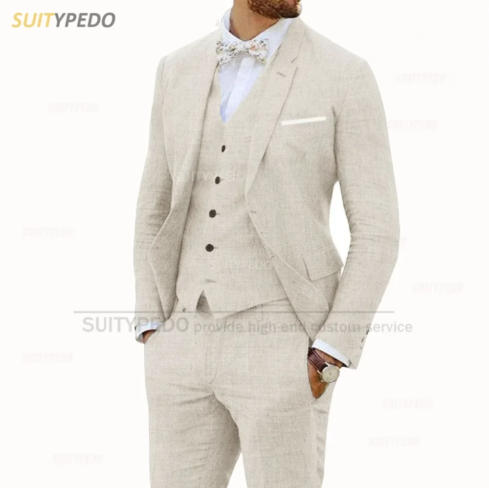 Beige Linen Suits for Men 3 Pieces Casual Slim Fit Suit Blazer Vest Pants Set Formal Prom Wedding Tuxedos for Groomsmen Best Man 2