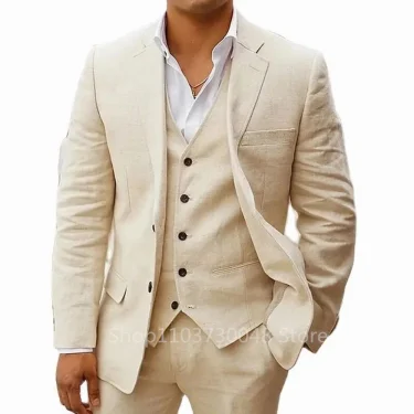 Light Blue/Beige Linen Notch Lapel Slim Fit Summer Men Suits 3 Piece Groom Tuxedos Blazer Pants Sets Wedding Prom Costume Homme 6