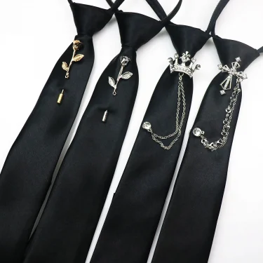 New Luxury 38cm Length Lazy-tie For Men Women Black Red Neckties With Flower Crown Brooches Chain Pins Clip Ties Wedding Cravat 1