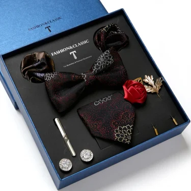 High Quality Holiday Gift Box 7.5 cm Blue Floral Tie Hanky Pocket Squares Cufflink Clip Set Necktie For Man Birthday Present 6