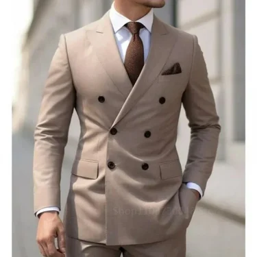 2 Pieces Solid Men Suits Set Fashion New Men's Formal Business/Wedding Groom Suits Peak Lapel Double Breasted Blazer Trousers 1