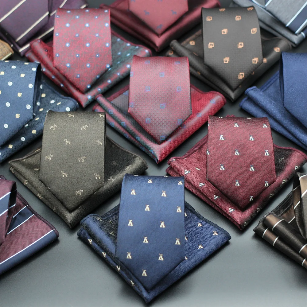 8CM Geometric Striped Necktie Set Red Blue Brown Floral Tie Pocket Squares for Man Birthday Gift Fit Party 1