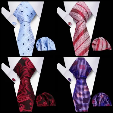 Tie Men Business Necktie Set Classic Plaid Cufflinks Handkerchief For Suit Wedding High Quality 3pcs Ties Sets Formal Gravata 3