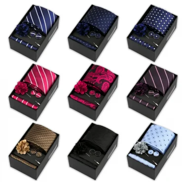 High Quality Tie Set Box Elegant Ties For Men Necktie Handchief Cufflinks Brooch 4Pcs Set Suit Accessories Business Wedding Gift 1