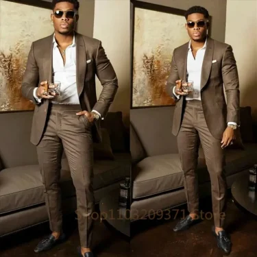 Dark Brown 2024 Men Business Suit Groom Groomsman Tuxedos Prom Wedding Party Formal 2 Piece Set Jacket And Pants 3