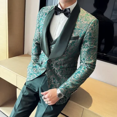 Spring 2025 Men's British Style Business Casual Three-Piece Suit Vest Trousers High-Density Jacquard Wedding Dress 2